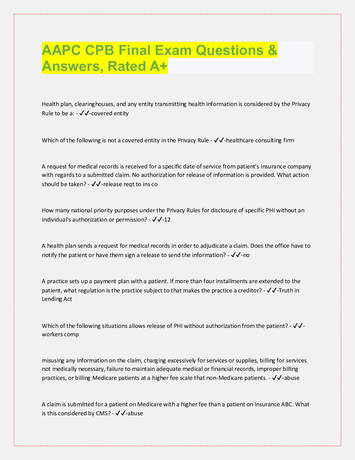Preview image for AAPC CPB Final Exam Questions &  Answers, Rated A+